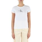 Białe Koszulki z nadrukiem damskie z cekinami z krótkimi rękawami dżinsowe z okrągłym dekoltem marki Calvin Klein Jeans w rozmiarze XS 