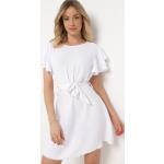 Przecenione Białe Sukienki z paskiem damskie z falbankami z krótkimi rękawami mini w rozmiarze M 