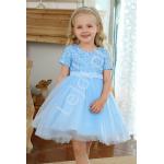 Błękitne Sukienki dziecięce z krótkim rękawkiem dla dziewczynek z cekinami tiulowe - Pierwsza Komunia 