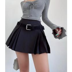 Czarna mini plisowana spódnica kobieta lato Y2K spódnica w kształcie litery A z wysokim stanem z paskiem w stylu college'u koreańska moda