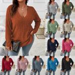 Brązowe Swetry oversize damskie do prania ręcznego z długimi rękawami gładkie z kolekcji plus size z dekoltem w serek na jesień w rozmiarze dużym 