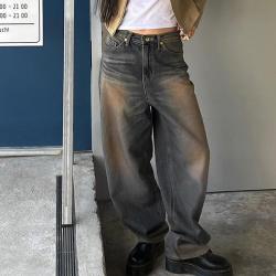 Damskie dżinsy z szeroką nogawką 2023 jesienny trend w modzie Street luźne proste spodnie Retro sprane spodnie jeansowe ze średnim stanem