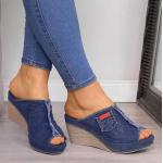 Niebieskie Sandały na obcasie damskie dżinsowe na lato 