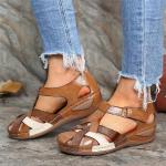 Brązowe Sandały na koturnie damskie wodoodporne - rodzaj noska: Okrągły w stylu retro ze skóry syntetycznej na lato 