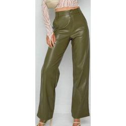 Damskie spodnie z wysokim stanem w jednolitym kolorze Retro długie spodnie Slim Fit proste szerokie nogawki boczne kieszenie Faux Leather Street Party Spodnie