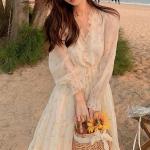 Brązowe Sukienki plażowe damskie do prania ręcznego z motywem kwiatów z długimi rękawami w stylu casual syntetyczne z dekoltem w serek na lato w rozmiarze XL 