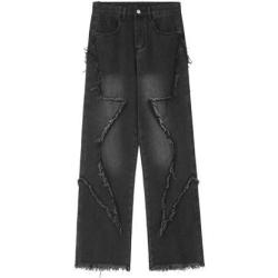 Dżinsy damskie moda amerykańskie sprane gwiazdy frędzle surowe krawędzie spodnie dżinsowe wysokiej talii luźne proste spodnie z szerokimi nogawkami Y2K