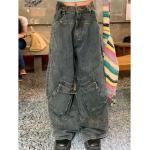 Szare Jeansy bojówki damskie do prania ręcznego luźne dżinsowe na wiosnę w rozmiarze XL 