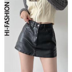 HI-FASHION PU skórzana krótka spódniczka damska Vintage Harajuku Streetwear kobiece czarne seksowne rozcięcie szczupła z wysokim stanem spódniczka mini w kształcie litery A