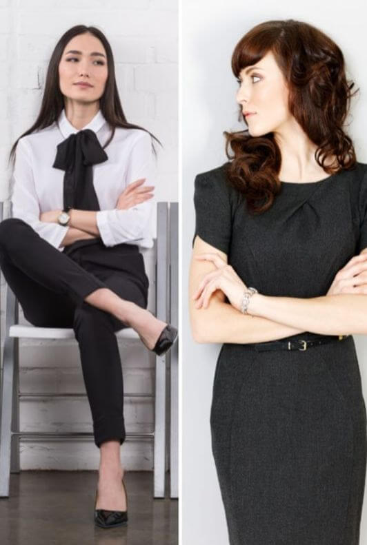 Women waiting for a job interview: black etui dress and trousers and shirt
