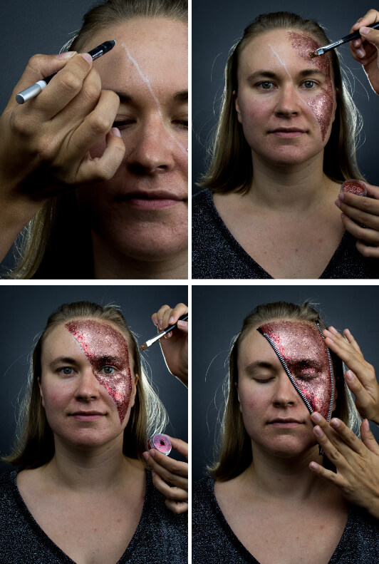 Cztery zdjęcia przedstawiające krok po kroku tworzenie makijażu na Halloween typu zamek 