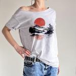 Szare Koszulki oversize damskie z krótkimi rękawami w stylu orientalnym marki One Mug A Day japońskie 