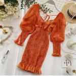 Pomarańczowe Sukienki wieczorowe damskie do prania ręcznego z długimi rękawami w stylu casual szyfonowe mini na jesień 