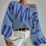 Szare Swetry oversize damskie do prania ręcznego w paski w stylu casual bawełniane z amerykańskim dekoltem na jesień w rozmiarze L 