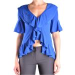 Niebieskie Bluzy damskie z falbankami z krótkimi rękawami w stylu boho na lato marki DONDUP w rozmiarze XS 