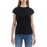 Czarne Koszulki damskie z ozdobnym strasem z krótkimi rękawami eleganckie bawełniane marki HERNO w rozmiarze XL 