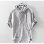 Khaki Koszule lniane męskie do prania ręcznego z krótkimi rękawami w paski w stylu casual bawełniane na lato w rozmiarze XL 