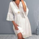 Białe Sukienki wizytowe damskie szydełkowe z rękawami 3/4 w stylu casual z dodatkiem bawełny na lato w rozmiarze XL 