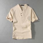 Beżowe Koszulki oversize męskie do prania ręcznego z krótkimi rękawami w stylu casual bawełniane z dekoltem w serek na lato w rozmiarze dużym 