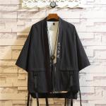 Czarne Swetry oversize męskie z rękawami 3/4 haftowane w stylu casual na lato japońskie 