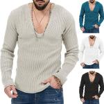 Brązowe Swetry oversize męskie z długimi rękawami gładkie w stylu casual z dekoltem w serek na jesień 