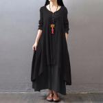 Czarne Sukienki z długim rękawem damskie z długimi rękawami w stylu boho z wiskozy z dekoltem w serek na lato w rozmiarze 4 XL 