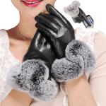 Czarne Rękawiczki zimowe damskie ze sztucznego futra na imprezę 