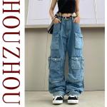 Niebieskie Jeansy bojówki damskie luźne dżinsowe w rozmiarze XL 