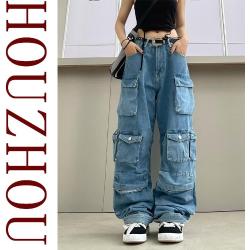 Multi-pocket niebieskie sprane spodnie Cargo Y2k Vintage wysokiej talii Streetwaer dżinsy z wysokim stanem para Harajuku proste dorywczo spodnie szerokie nogawki