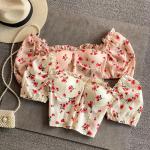 Różowe Bluzki drapowane damskie do prania ręcznego z bufkami z motywem kwiatów w stylu casual syntetyczne na lato 