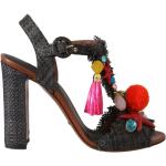 Szare Sandały na obcasie z pomponami słomiane na lato marki Dolce & Gabbana w rozmiarze 35 