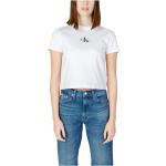 Białe Koszulki z nadrukiem damskie do prania w pralce z krótkimi rękawami dżinsowe z okrągłym dekoltem na wiosnę marki Calvin Klein Jeans w rozmiarze XS 