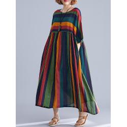 Vintage Women Cotton Linen Dress Striped Print O Neck Half Sleeve Pocekt Plus Size Loose Casual
