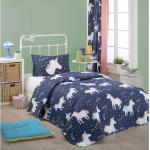 Ciemnoniebieskie Narzuty na łóżko z motywem jednorożców z dodatkiem bawełny 